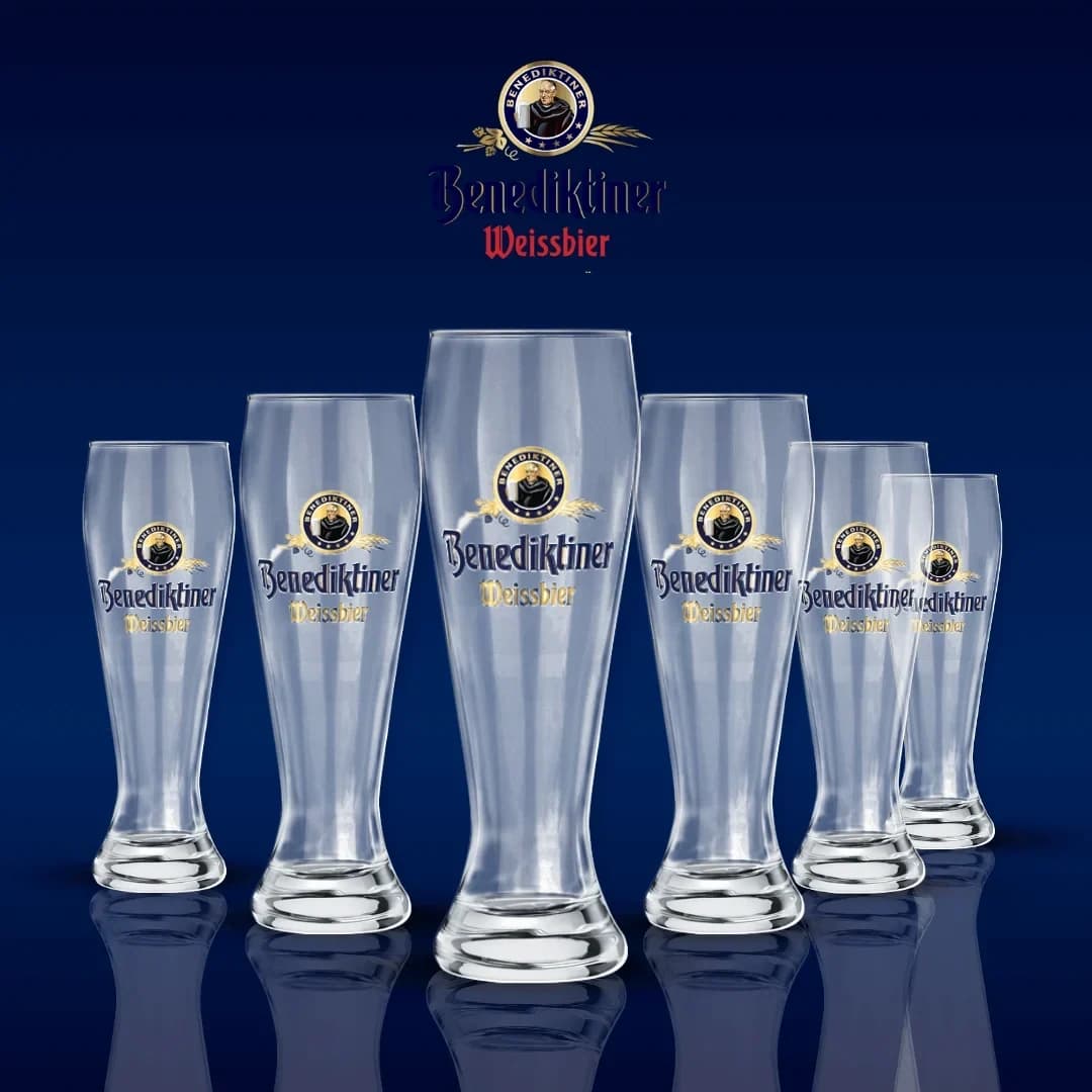 Sáu cốc thủy tinh dáng Weizen in logo Benediktiner Weissbier